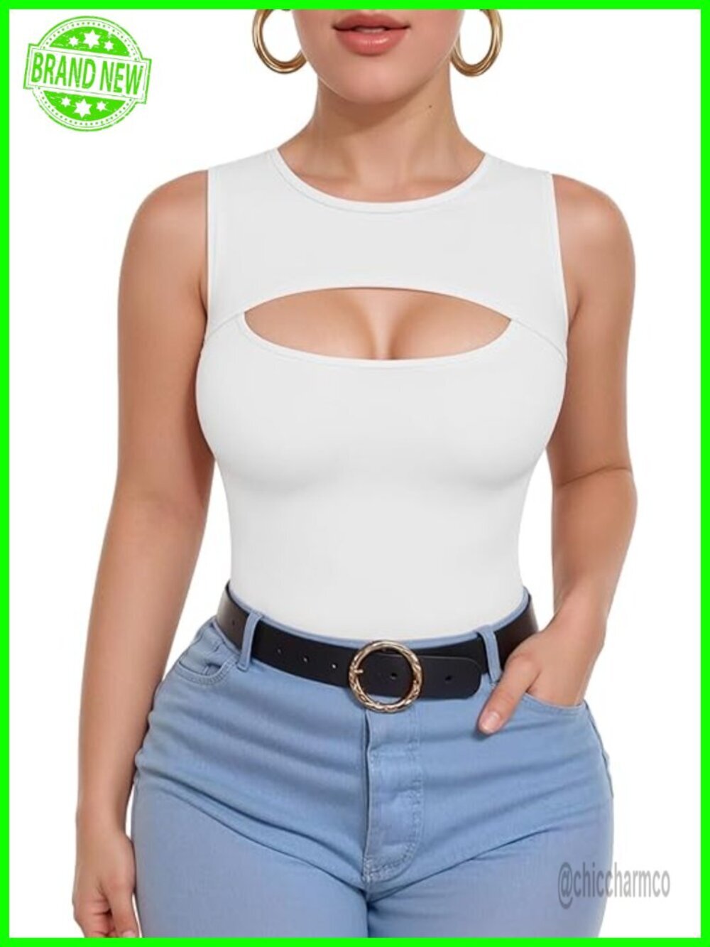 Sleeveless Tank Top Cut Out Front Ribbed Crew Neck Casual Shirt